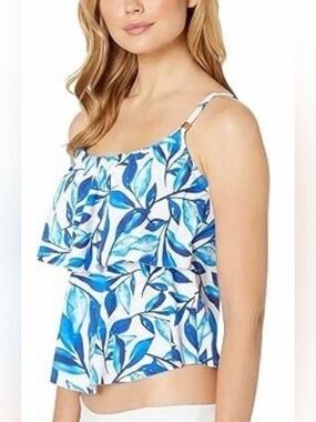 24th & Ocean Blue and White Leaf Print Ruffle Tankini Top size XL